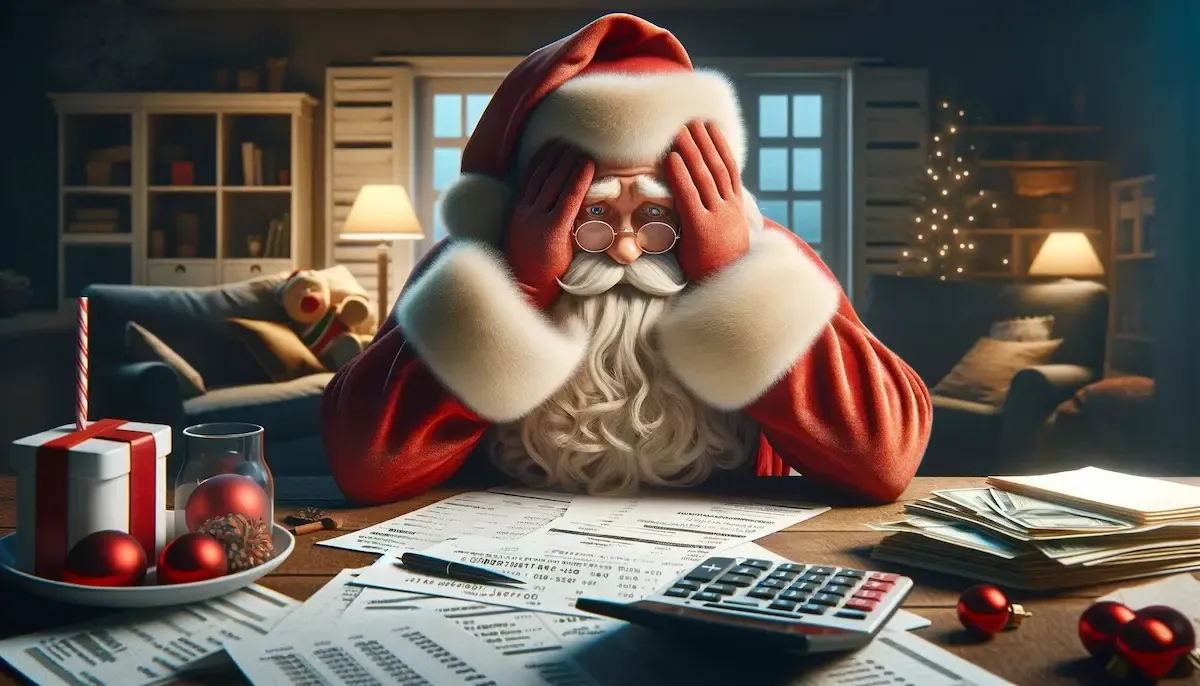 Santa Claus sitting at a table with hands on his face, surrounded by bills, a calculator, and holiday decorations, symbolizing financial stress during the festive season.