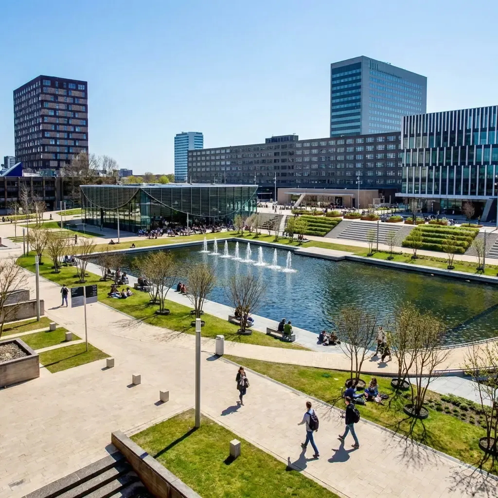Modern academic buildings and water features at Erasmus University Rotterdam. Canadian students can transfer tuition in EUR using MTFX with fast service competitive rates and lower fees.