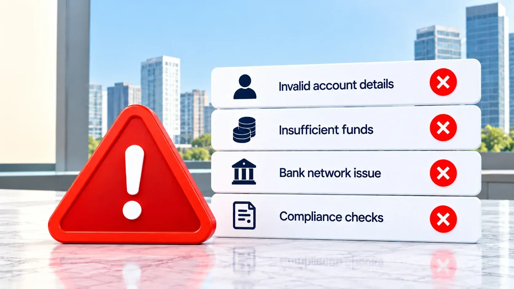 Common causes of failed mass payouts, including invalid account details, insufficient funds, bank network issues, and compliance checks.