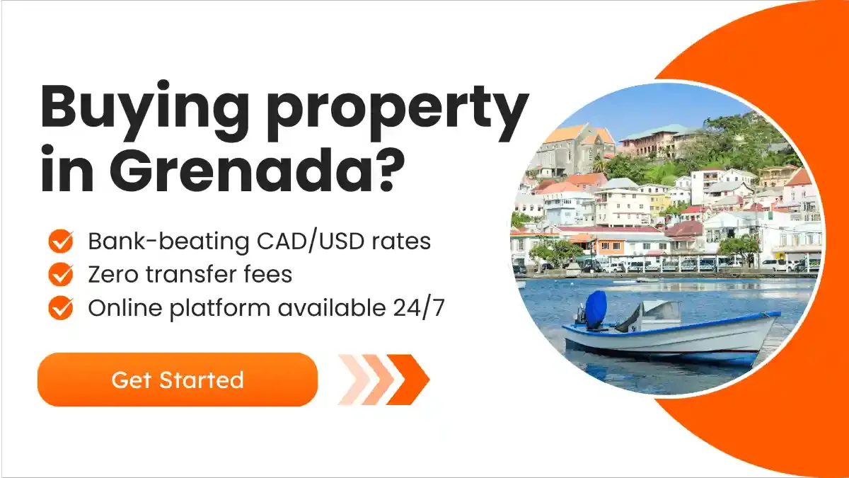 CTA graphic with the question “Buying property in Grenada?” next to a round image of a small fishing boat near waterfront houses.