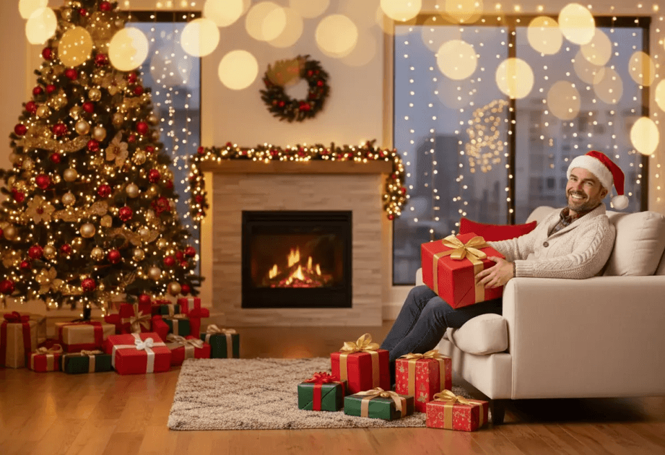 A man wearing a Santa hat sits smiling on a sofa while holding a wrapped Christmas present in a cozy living room decorated with a lit Christmas tree, festive lights and garlands, and a glowing fireplace surrounded by holiday gifts.