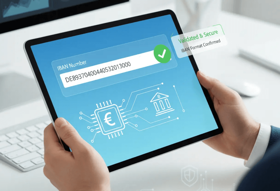 Person holding a tablet displaying an IBAN validation screen showing a confirmed IBAN format with a green checkmark, representing secure and verified international bank transfers using the MTFX IBAN Checker tool.