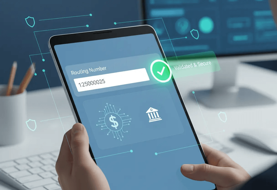 Person using a tablet to validate a bank routing number with digital verification icons, representing secure and verified online banking or money transfer through MTFX.