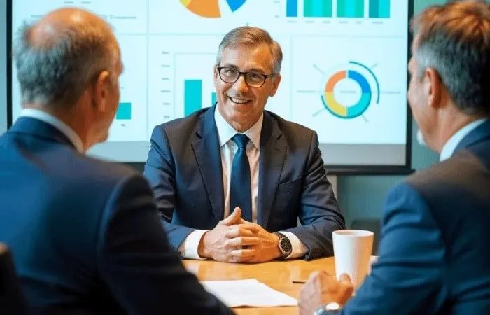 Business professionals discussing foreign investment strategies in a meeting room with financial charts displayed on a screen.