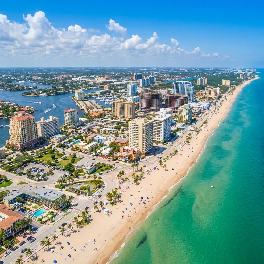 A vibrant image of Fort Lauderdale's beachfront with boats docked along the Intracoastal Waterway and high-rise condos in the background.