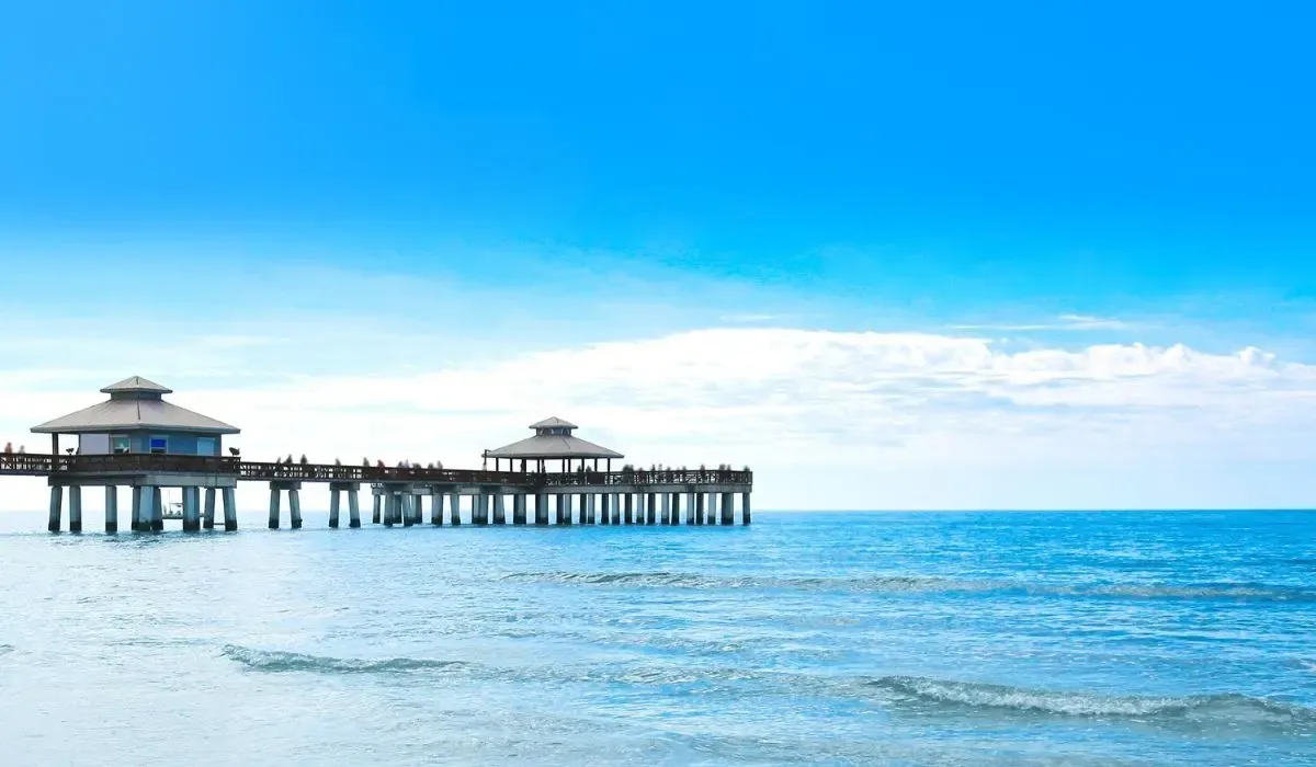 A tranquil view of Fort Myers' Caloosahatchee River at dusk, with reflections of city lights shimmering on the water and a backdrop of silhouetted palm trees.