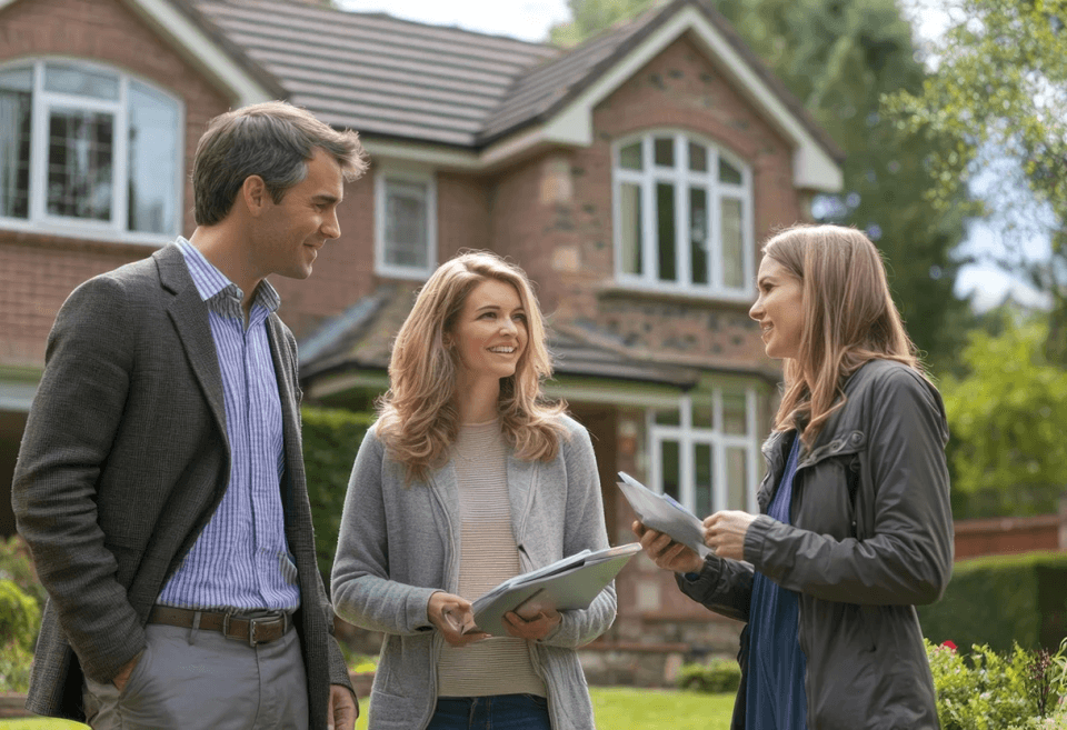 Canadian buyers reviewing property documents with a real estate agent outside a residential home, representing planning and coordination during an overseas property purchase.