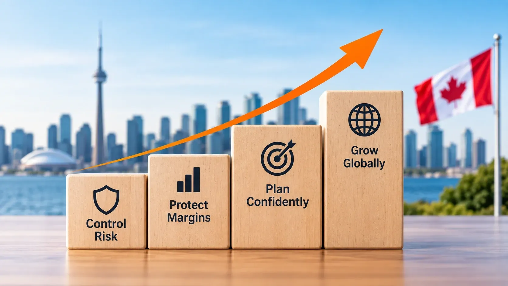 Wooden blocks labeled Control Risk, Protect Margins, Plan Confidently and Grow Globally with an upward arrow against a Toronto skyline, illustrating FX risk management for Canadian businesses.