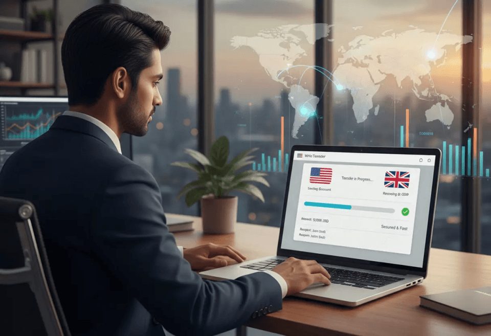 A business professional sits at a desk using a laptop to process an international wire transfer, with USD to GBP payment details displayed on screen and a world map showing global money movement in the background.