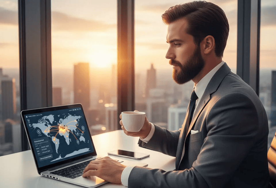 Business professional in a suit sitting by a large office window at sunrise, holding a cup of coffee while viewing a world map of international payment routes on his laptop, symbolizing global business transactions and foreign exchange management.