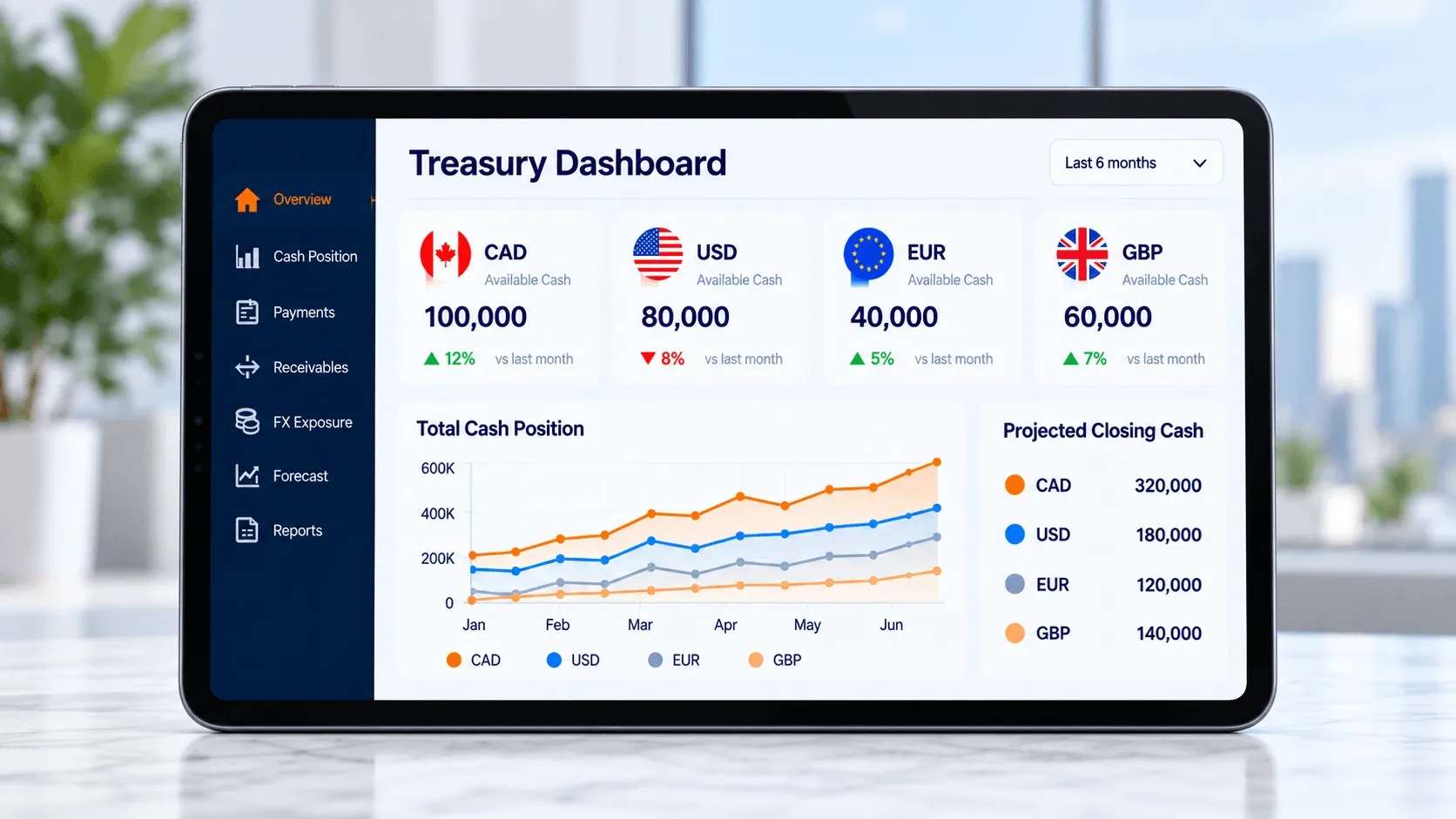 Treasury management dashboard displaying foreign currency balances, exchange rate trends and multi-currency account information on a laptop screen.