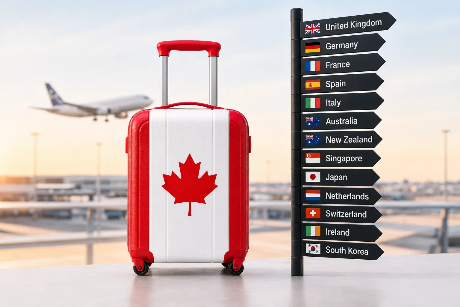 Red and white Canadian suitcase with a maple leaf beside an airport signpost showing international destination countries.