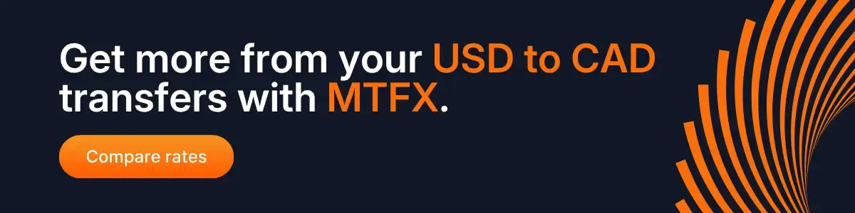 Promotional banner with text ‘Get more from your USD to CAD transfers with MTFX’ and a button that says ‘Compare rates’ on a dark background with orange graphic accents.