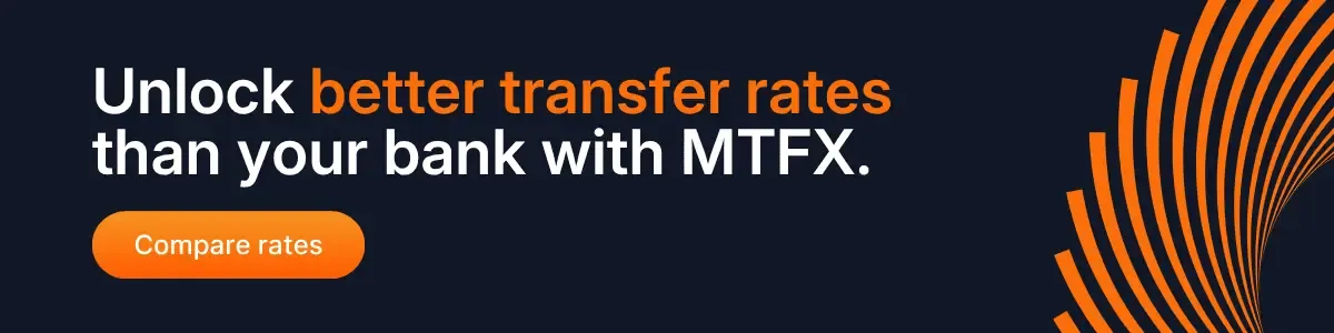 Banner promoting MTFX with text Unlock better transfer rates than your bank with MTFX and a Compare rates button on a dark background with orange circular design elements.