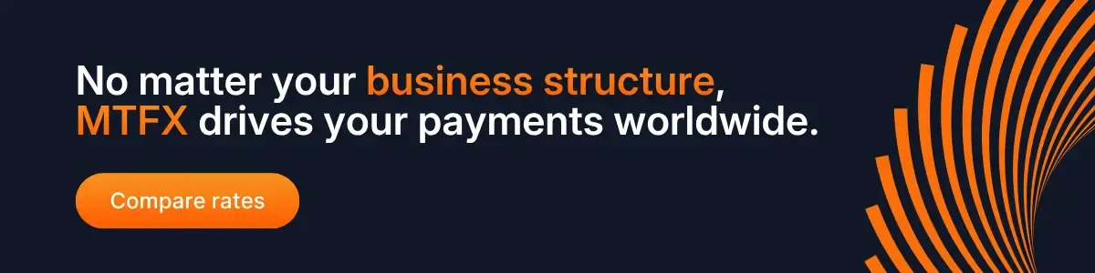 Banner showing the message “No matter your business structure, MTFX drives your payments worldwide,” highlighting MTFX’s global money transfer solutions for Canadian businesses.