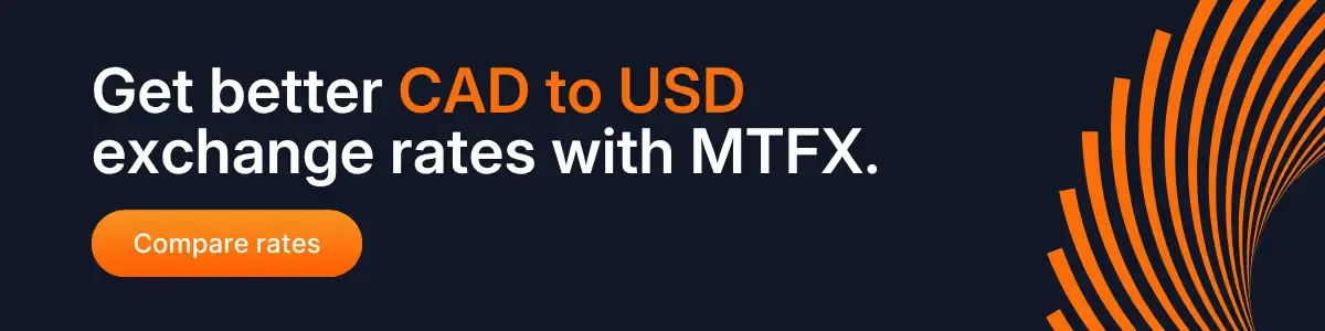 Banner displaying the text ‘Get better CAD to USD rates than your traditional bank’ with an orange ‘Compare rates’ button on a dark background featuring curved orange lines.