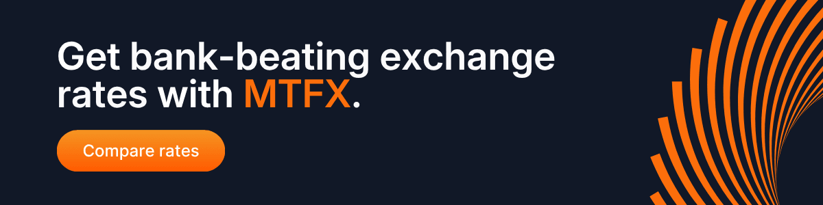 Get bank beating exchange rates with MTFX banner with orange compare rates button.