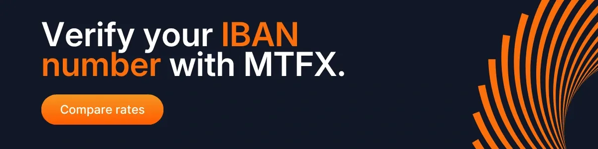 Banner promoting MTFX IBAN verification tool with text Verify your IBAN number with MTFX and a button labeled Compare rates on a dark background with orange design elements.