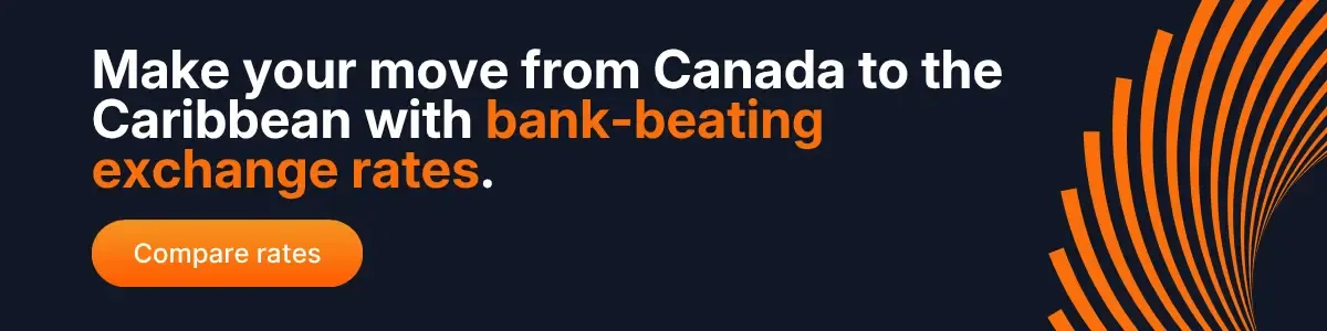 MTFX banner promoting bank-beating exchange rates for Canadians moving from Canada to the Caribbean, encouraging users to compare rates for retirement transfers.
