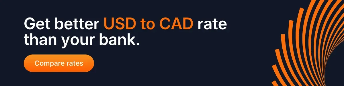 Banner showing message to get a better USD to CAD rate than your bank with an orange call-to-action button on a dark background featuring MTFX’s curved orange pattern design.