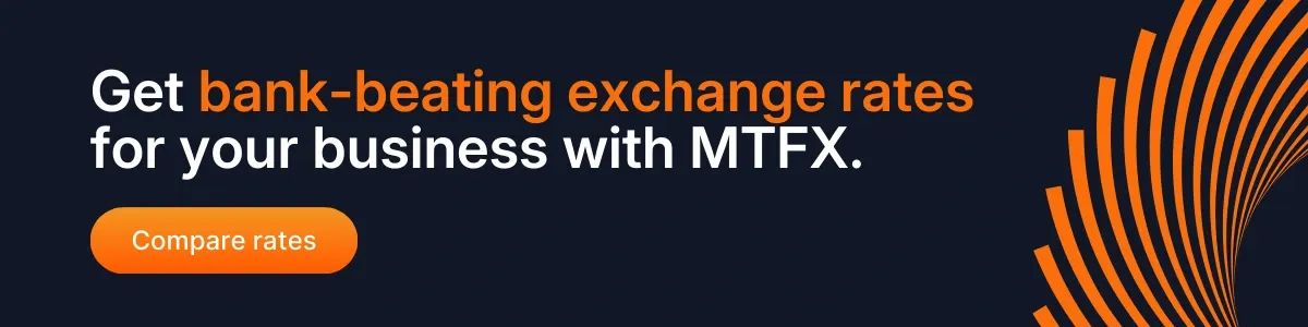 A dark-themed MTFX banner with bold text promoting bank-beating exchange rates for businesses, featuring an orange compare rates button and curved orange line graphics.