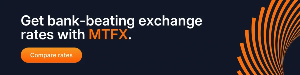 A dark-themed MTFX banner highlighting competitive, bank-beating exchange rates with an orange call-to-action button.