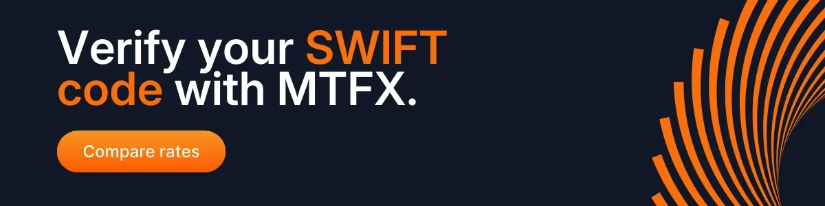 Dark blue banner promoting to validate SWIFT code with MTFX, alongside an orange button with curved orange graphic lines on the right side.