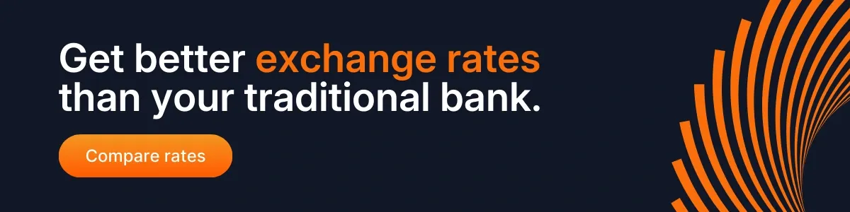 Banner highlighting better exchange rates than traditional banks, promoting currency exchange and international money transfers for overseas property purchases.