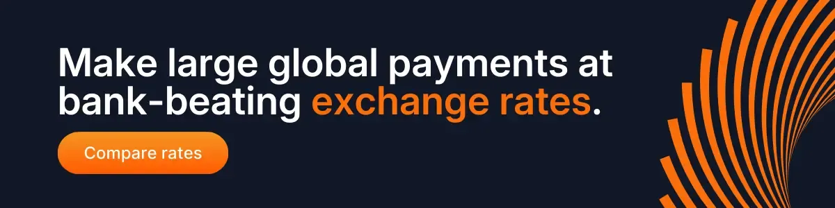 Banner promoting large global payments with bank-beating exchange rates, focused on saving money on large international transfers.
