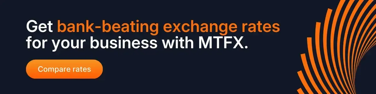 Promotional banner with orange financial graphics and a call to compare bank-beating exchange rates for business foreign exchange transfers with MTFX.