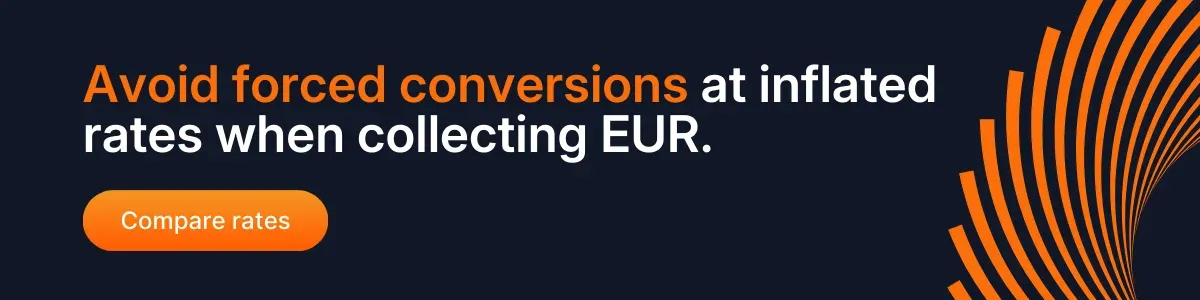Banner promoting competitive EUR exchange rates and avoiding forced currency conversions