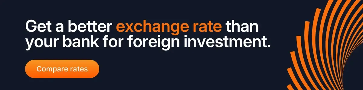 Promotional banner highlighting better exchange rates than banks for foreign investment with a “Compare rates” call-to-action and MTFX orange financial graphics.