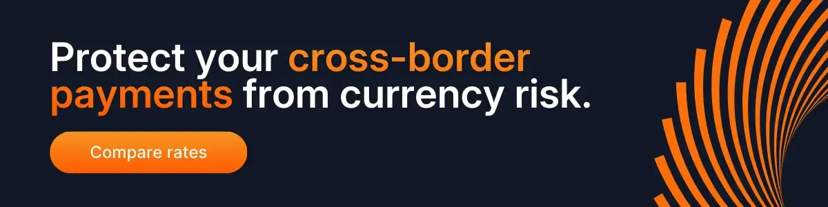 Banner promoting protection for cross-border payments from currency risk with a compare rates call-to-action.