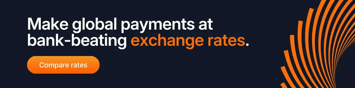 Dark blue banner promoting global payments with bank-beating exchange rates and an orange “Compare rates” call-to-action button.