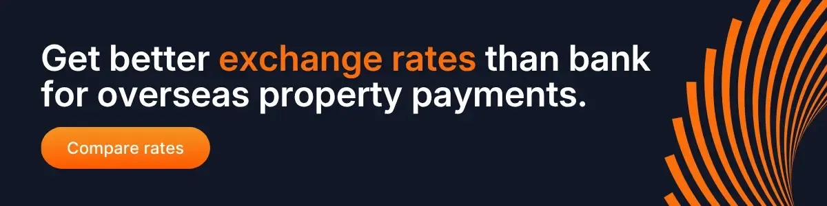 Get better exchange rates than banks for overseas property payments with MTFX, featuring bold text and orange call-to-action button