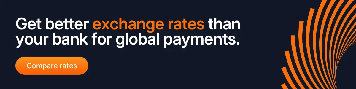 Dark-themed banner highlighting “Get better exchange rates than your bank for global payments” with a call-to-action button to compare FX rates.