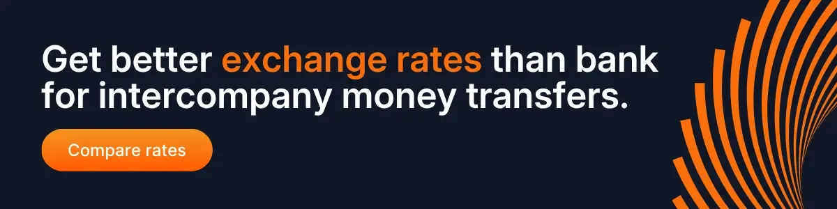 Banner with the text “Get better exchange rates than bank for intercompany money transfers” and a “Compare rates” button, highlighting cost savings on international business payments.