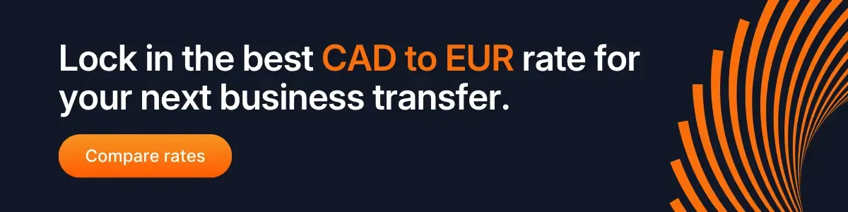Dark blue promotional banner with bold text promoting the best CAD to EUR exchange rate for a business transfer, featuring an orange compare rates button and curved orange graphic design.