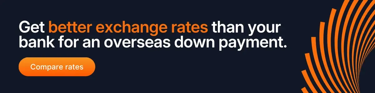 Dark promotional banner with text about getting better exchange rates than your bank for an overseas down payment, orange compare rates button, and abstract curved graphic design.