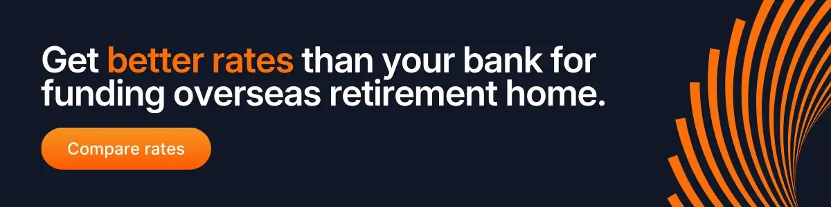 Promotional banner with the message about getting better exchange rates than banks for funding an overseas retirement home, featuring an orange compare rates button on a dark background.