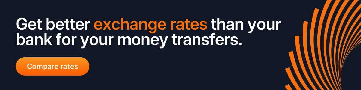 Promotional banner with dark navy background, bold white and orange text about getting better exchange rates than banks for money transfers, orange compare rates button, and curved orange graphic pattern on the right.