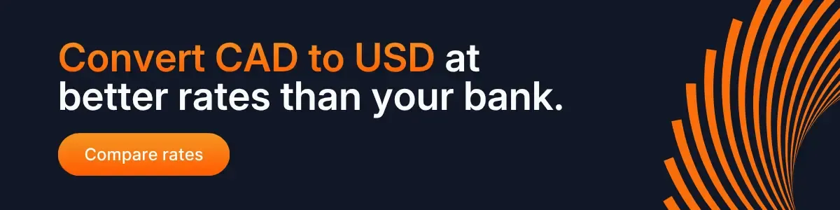 MTFX banner promoting CAD to USD currency conversion with better rates than banks and compare rates button on dark blue background.
