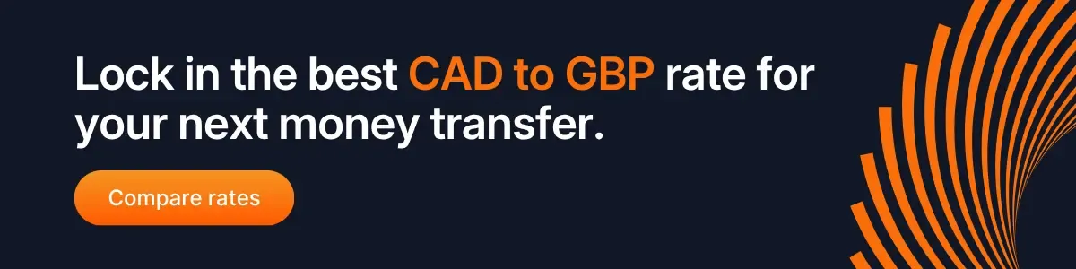 MTFX banner promoting the best CAD to GBP exchange rate for your next money transfer with compare rates button on dark blue background.