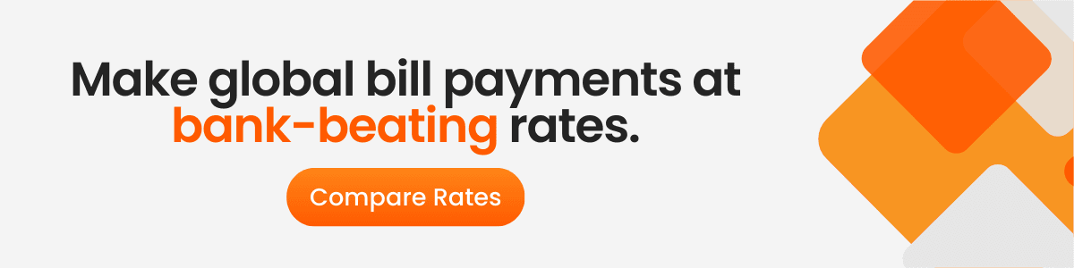 A financial services ad with text stating "Make global bill payments at bank-beating rates" and a "Compare Rates" call-to-action button. The design features orange and white geometric elements for a modern look.