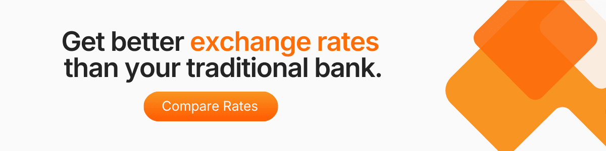 A modern banner highlighting "Get better exchange rates than your traditional bank" with a call-to-action button.