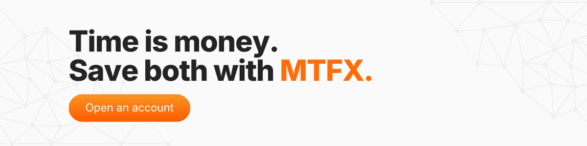 A CTA banner showcasing the text "Time is money. Save both with MTFX" alongside a bright orange "Open an account" button.