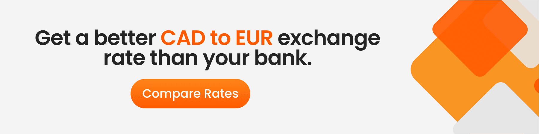 Minimalist banner with geometric orange shapes on a white background. Text reads: 'Get a better CAD to EUR exchange rate than your bank.' A button labeled 'Compare Rates' is displayed.