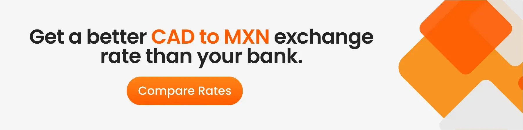 Banner promoting better CAD to MXN exchange rates than banks, with a “Compare Rates” button on a light background and orange graphic accents.