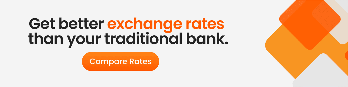 A sleek digital banner with a light grey background and orange geometric accents. The text promotes better exchange rates compared to traditional banks, with a "Compare Rates" call-to-action button.