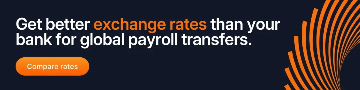 Banner highlighting better exchange rates than banks for global payroll transfers with a compare rates call-to-action button.